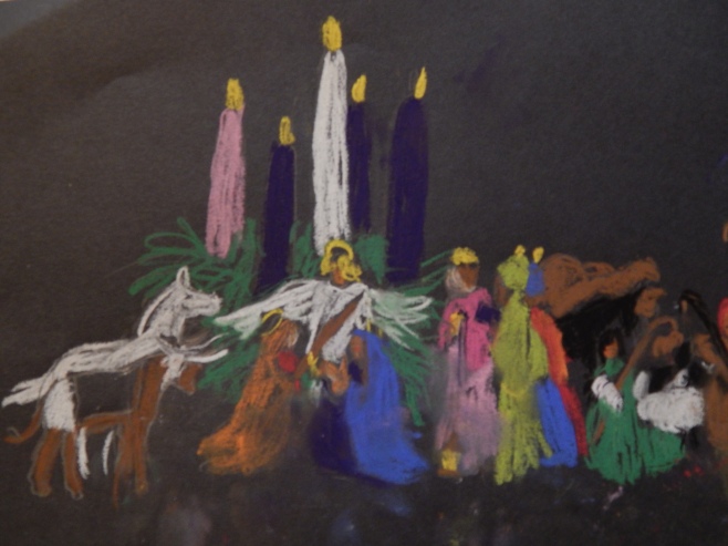 G's latest creation: Advent wreath and manger scene in chalk pastel.